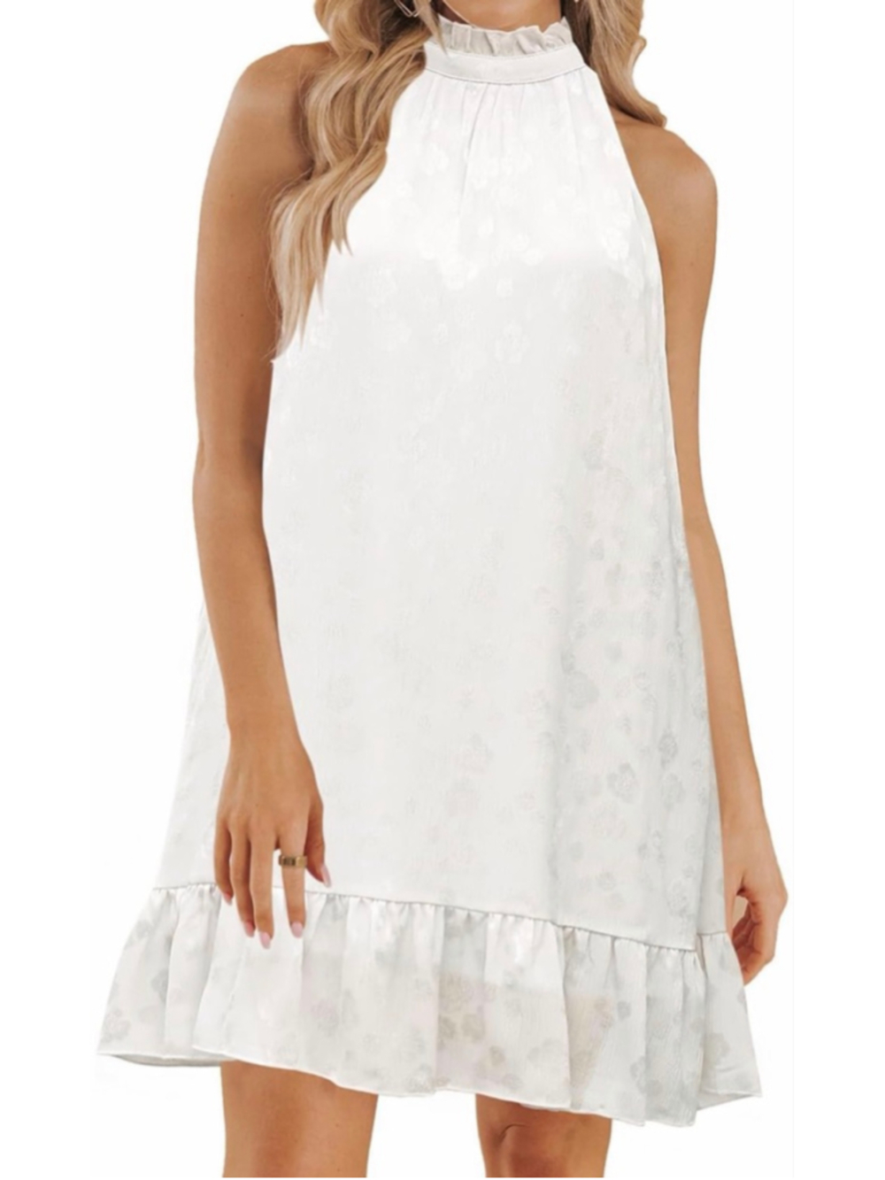 NEW White Floral Sleeveless Halter Dress Ruffle M